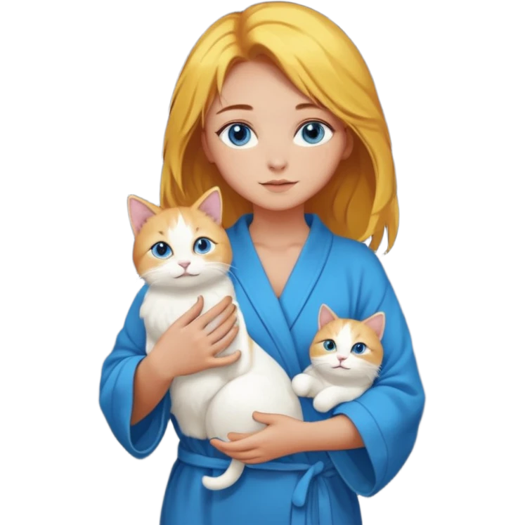 lightly tanned skin, blue eyes, cute and sexy girl with bright yellow-brown hair in a dark sky pallete robe, golden rings, slight cute makeup, full body, slightly turned aside pose, holding a cat in hands emoji
