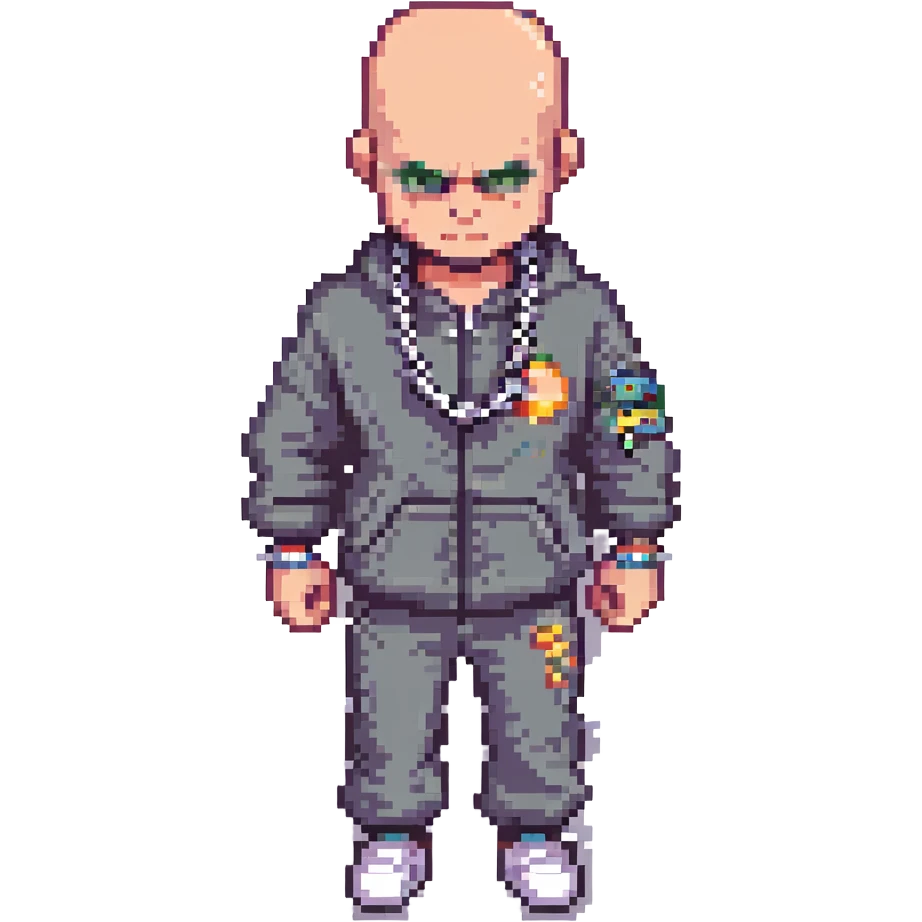 Pixel art thug in tracksuit, holding chain in Hand, bald head, angry expression, side view, retro arcade sprite
 emoji