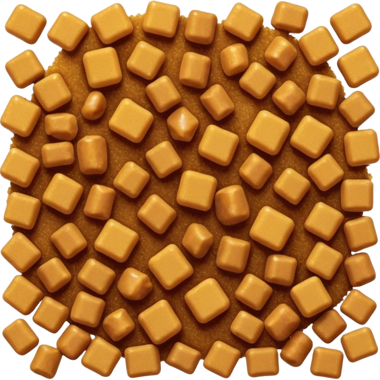 scatter of golden-brown sugar crystals, warm amber color, coarse and irregular matte grains, lightly clumped, natural molasses content, no spoon, bowl, or packaging, soft lighting, subtle shadows, transparent background, emoji scale emoji
