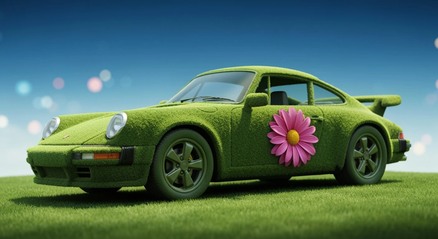 Closeup shot of a porsche 911, body of car made of grass and big colorfull flowers, green hill grass, blue clear sky, dutch angle, captured by ARRI 65 emoji