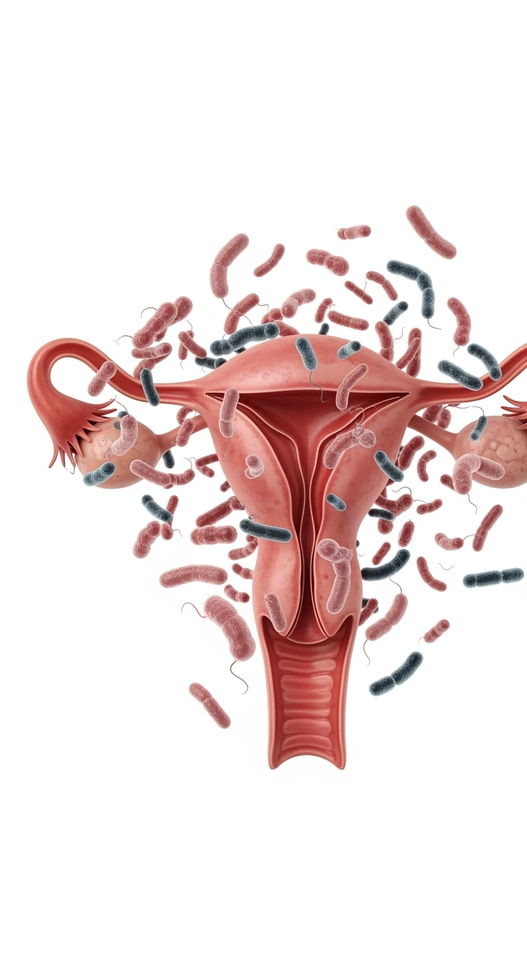 UTERO UMANO REALISTICO ANATOMICO CON BATTERI INTESTINALI CHE GLI FLUTTUANO INTORNO, ISOLATO SU SFONDO BIANCO emoji