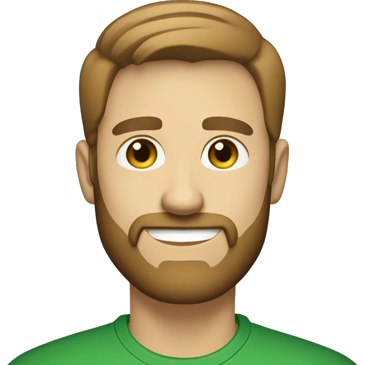 Create a cartoon-like emoji of a man with short, light brown hair, trimmed beard, light skin, and green eyes. Use bold lines and a solid background, keeping the style simple and clean, without exaggerated features. emoji