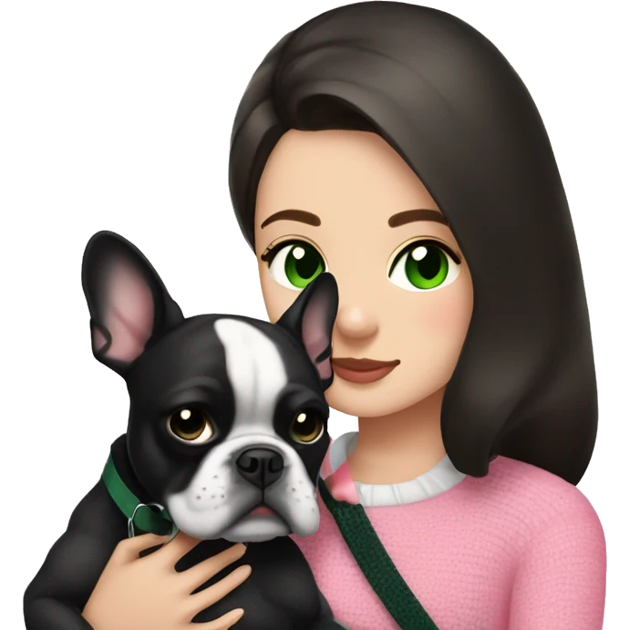 Brunette with dark green eyes in black sweater cuddling with her black and white french bulldog and pink harness emoji