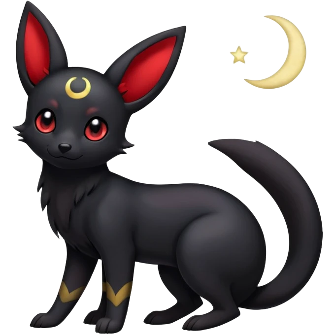 Kawaii Umbreon dark type Pokémon, full body, crescent moon behind subject, red eyes emoji
