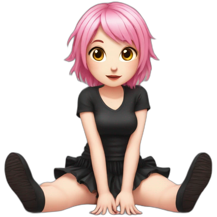 Full body Front view curvy emo girl pink hair sits on the floor straight view hands up black skirt белые трусики emoji