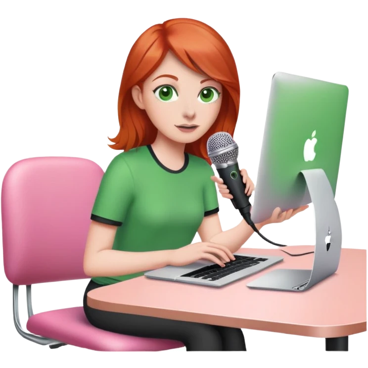 Red head green eyes sat at desk with MacBook, microphone and iPhone sat on a pink desk chair  emoji