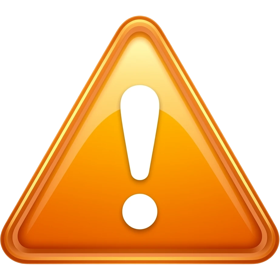 Glossy orange warning triangle with a white exclamation mark, 3D glass texture, vibrant safety orange, soft shadows, glowing halo around emoji