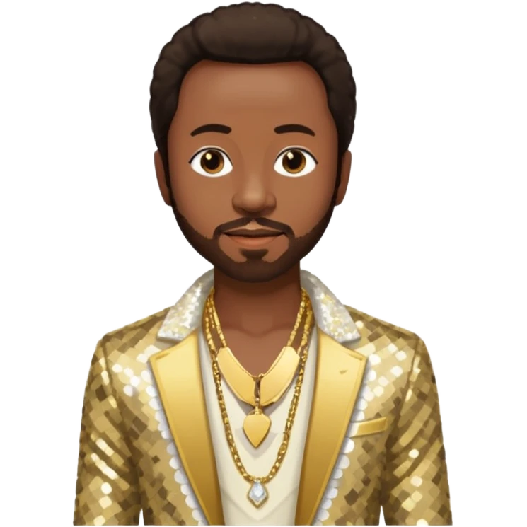 Maurice White from Earth Wind and Fire with dark brown hair, ivory sequin jacket, shirtless with necklace  emoji