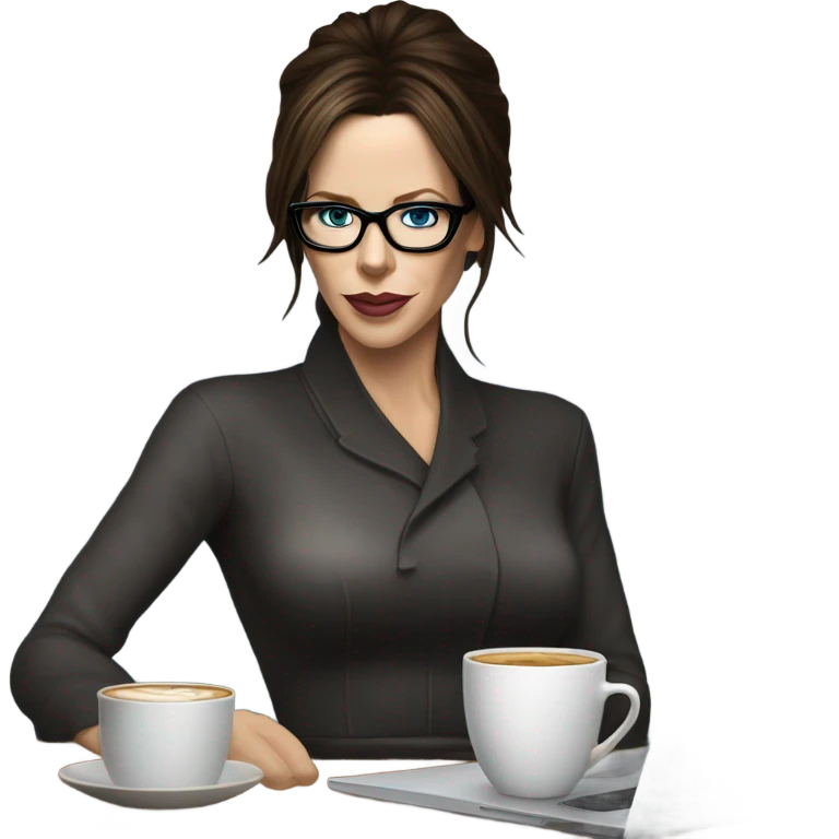 Hyper Realistic Kate Beckinsale dark blue eyes wearing glasses drinking coffee at a laptop  emoji