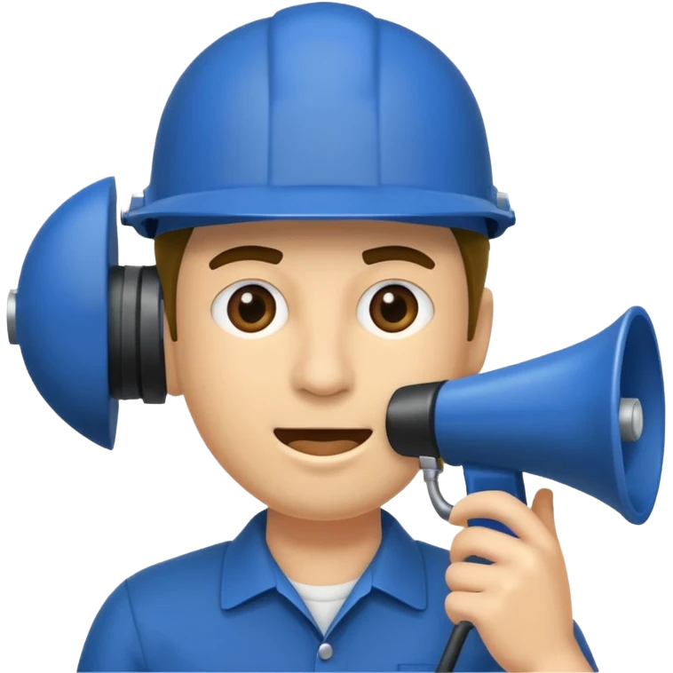 Um homem com capacete azul escuro segurando um megafone emoji