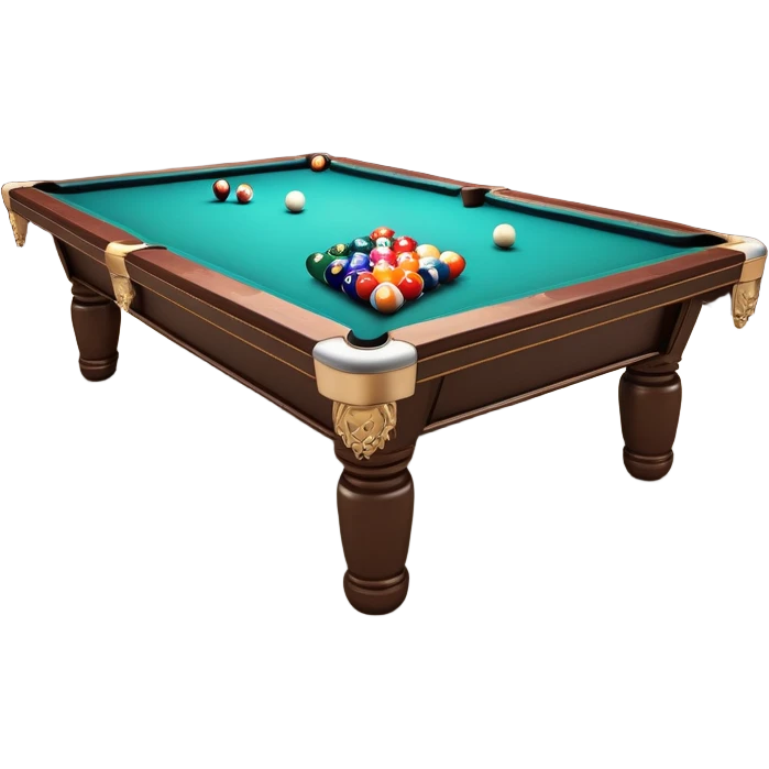 A billiard table with colorful balls arranged in a triangle, and a cue stick poised to break. The scene is set in a dimly lit room, with focused lighting highlighting the balls and table, emphasizing skill, precision, and strategy in the game of pool. emoji