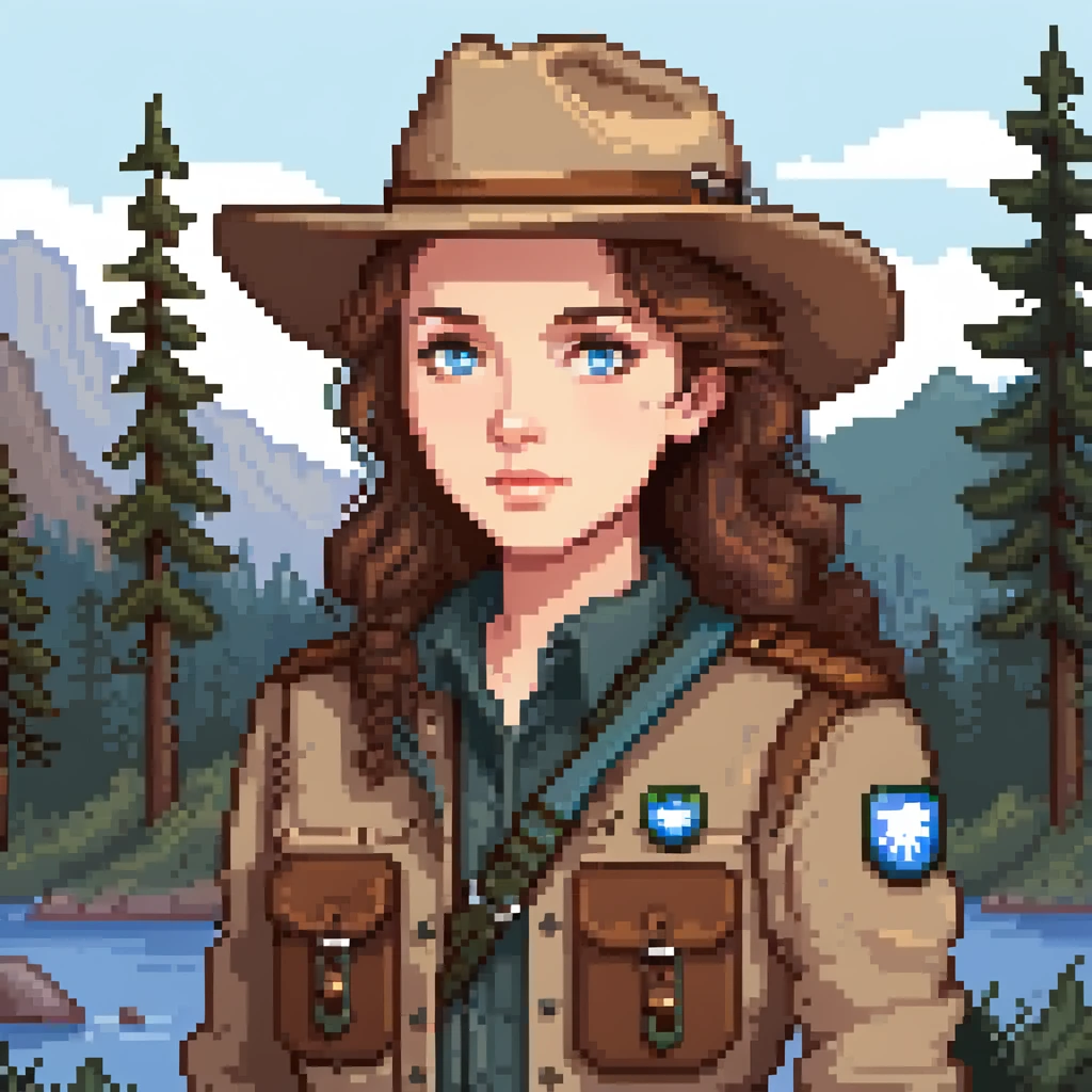 white woman park ranger with brown hair and blue eyes in a nature background emoji