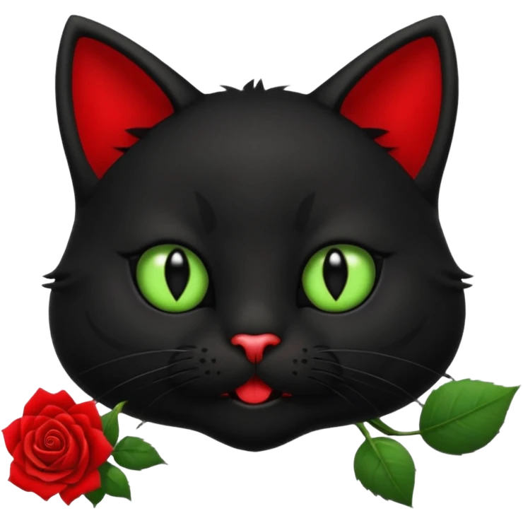Cute emoji-style black cat holding a red rose in its mouth, big round eyes with light green sclera and black pupils, fluffy fur, clean mascot style, centered, soft beige background, 1:1 ratio. emoji