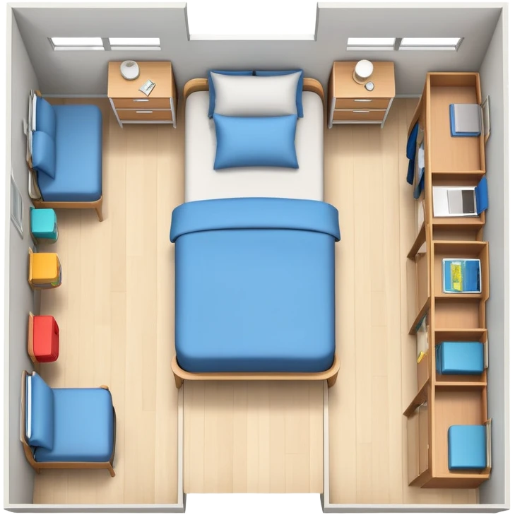 top-down view of teenage bedroom layout with bed, desk, closet, and storage emoji
