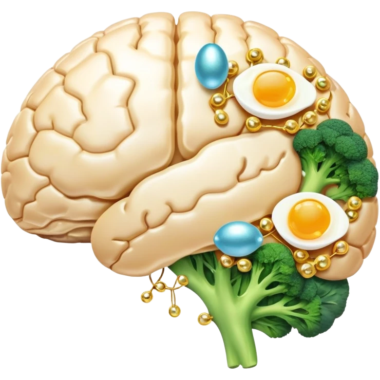 Glowing brain and liver connected by a pearlescent capsule, surrounded by choline-rich foods: eggs, liver, fish, and broccoli. Golden waves showing neural connections flow from the brain, with all elements having an ethereal glow representing cognitive benefits. emoji