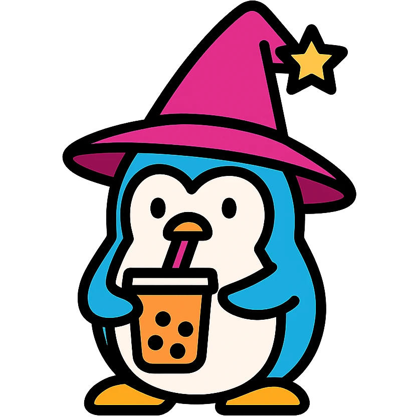 wizard penguin sipping a boba drink, icon style, clean lines, simple color palette emoji