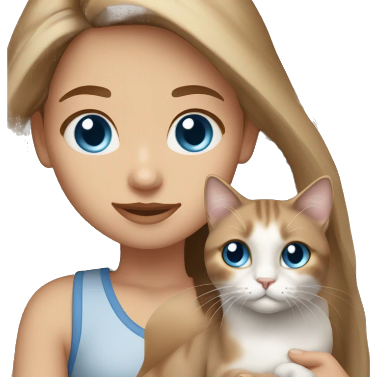 Girl with blue eyes and long light brown hair holding dilute calico cat emoji