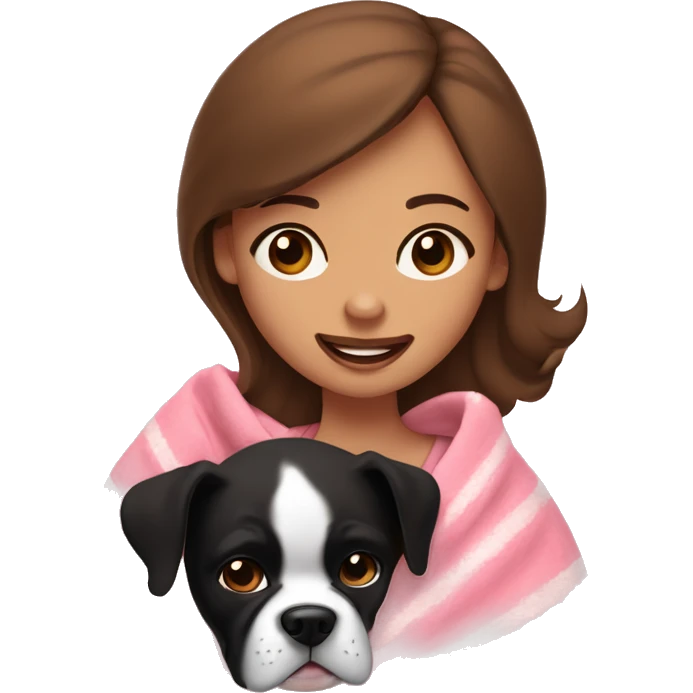 a woman with brown eyes and brown hair is cradling her puppy in a pink baby blanket. the puppy is looking at her lovingly and is a chubby black and white boxer dog. the woman is smiling with mouth ajar emoji