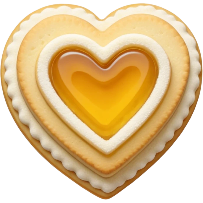Realistic shortbread cookie in the shape of a heart with pale yellow jelly middle filling and sprinkled powder sugar on top. emoji