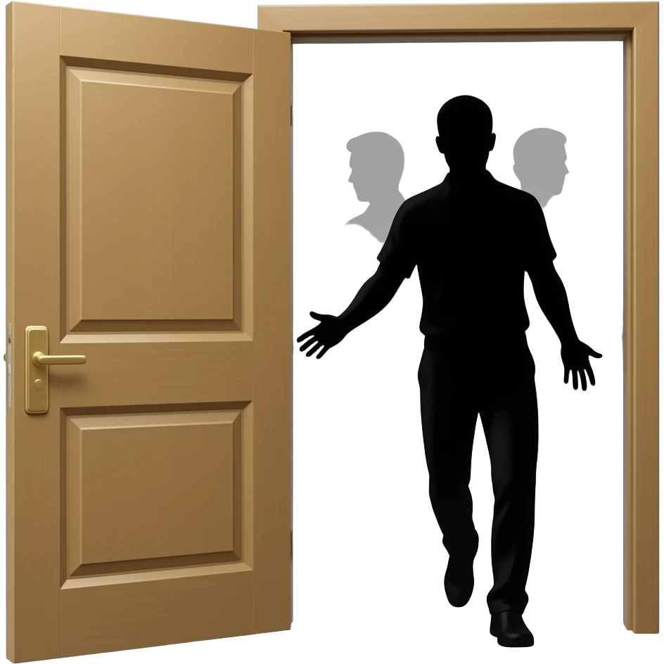 door open with a man silhouette leaving, emotional scene, minimal flat illustration, soft warm tones, simple shapes, consistent style, no background emoji