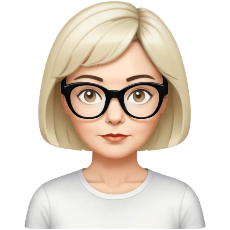 white woman, about 50 years old, light warm skin, short black bob haircut with slight waves at ends, neutral-determined expression, large black shiny butterfly or cat-eye glasses, white casual t-shirt, calm and creative energy emoji