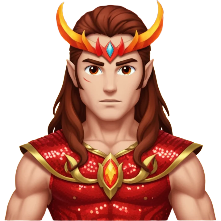 Vulcan, God of Fire from Gods and Goddesses with long brown hair, fiery red sequin outfit emoji