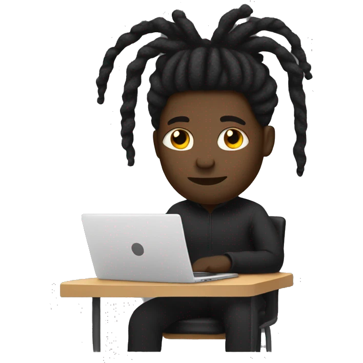 Black-guy-with-dreads-wearing-black-trackstuit-sitting-down-on-chair facing-foward-focused-on-laptop-computer- emoji