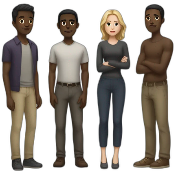 five dark-skinned men stand around a pale woman emoji