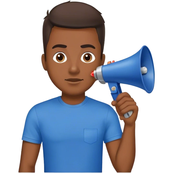 man in blue t-shirt with loudspeaker emoji