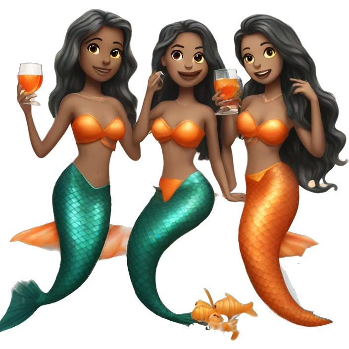 Three beautiful mermaids (light skin) drinking aperol emoji