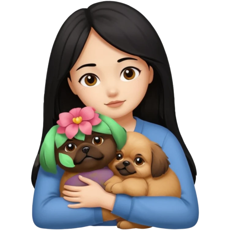 black hair girl hugging brown pegingese dog emoji