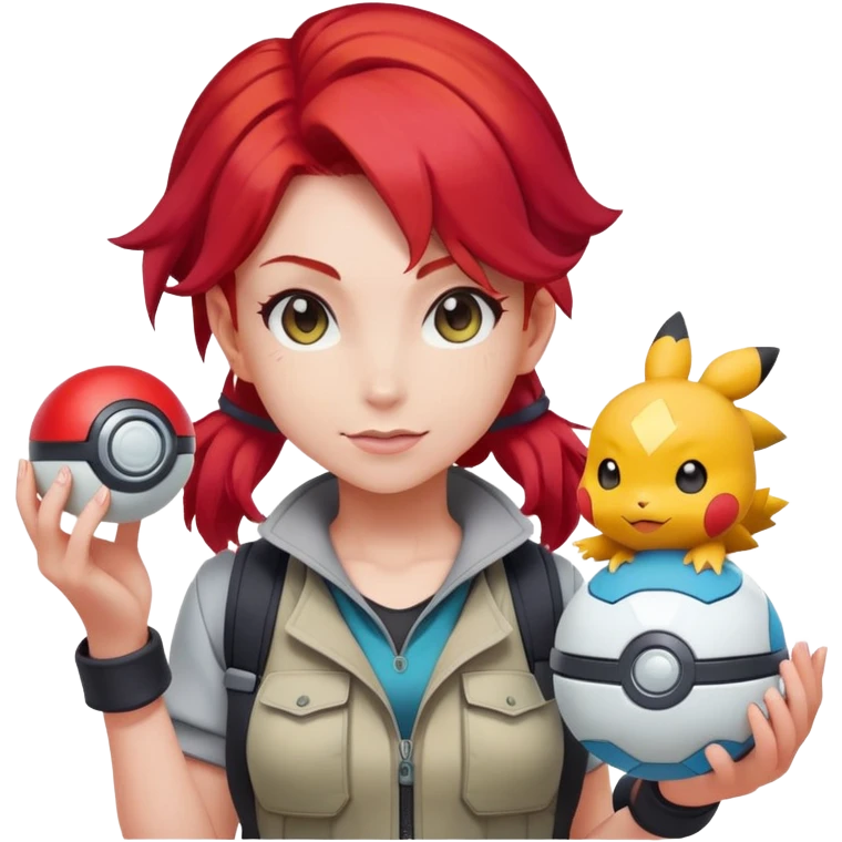 female pokemon trainer with bright red hair, pokeball, adventure outfit emoji
