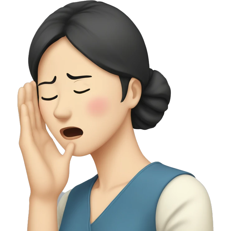 Headache, middle-aged Korean woman in her 40s, with only one hand on her head, painful face, black hair emoji
