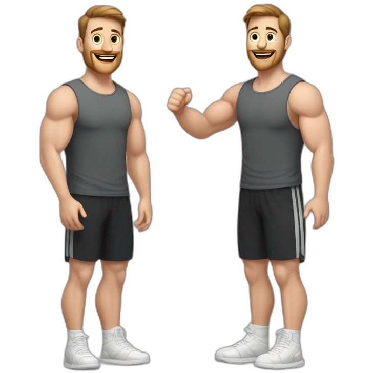 Full height Actively gesturing with hands Pale skinned Fit Man With the biceps and brown hair in dark gray Sleeveless Mike, black oversize sports shorts and white Sneakers emoji