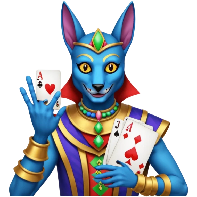 crazy colorful anubi jolly joker from poker, medieval, vintage, court jester, mac os icon, blue color, holds a single poker card on the right paw emoji