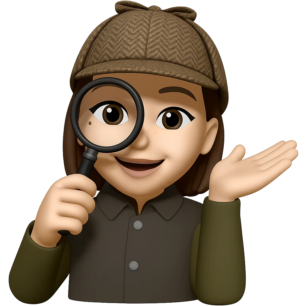 Make the character look like a detective creating a design system. Add a magnifying glass in her hand and a detective hat. Keep the same style as the reference image. Transparent background. emoji