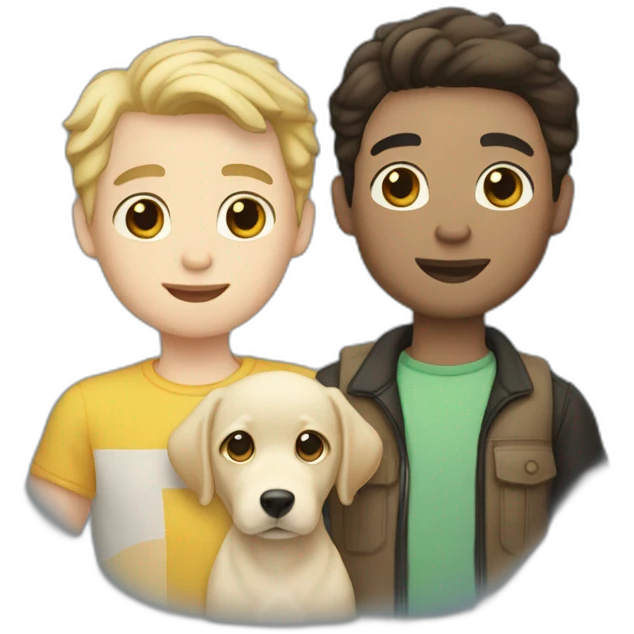 gay couple, both are white, the 1st is brunnet with slightly-curly hair, the 2nd man has black hair and is white, they are holding one light yellow labrador retriever puppy emoji