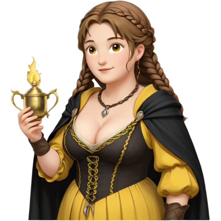 Helga Hufflepuff, half-turned in profile,brown-haired,2 braids,yellow-black medieval open dress,deep neckline,fat macromastia,black cloak decorated with gold braiding,wand,gold cup with two handles,very kind smile,curvy busty sweet woman,round rosy cheeks,full length with medieval shoes emoji