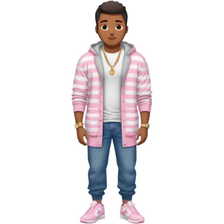 Handsome Black guy with brown skin tone, with muscular build, wearing long baggy dark denim jeans, a white t-shirt, pink and gray striped fuzzy cardigan, white Nike sneakers, a gold watch, and a dainty chain emoji