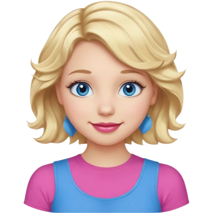 Girl Blonde short wavy hair,  blue eyes, cute blue top, long lashes, pink lips, smiling, 👍🏻 emoji