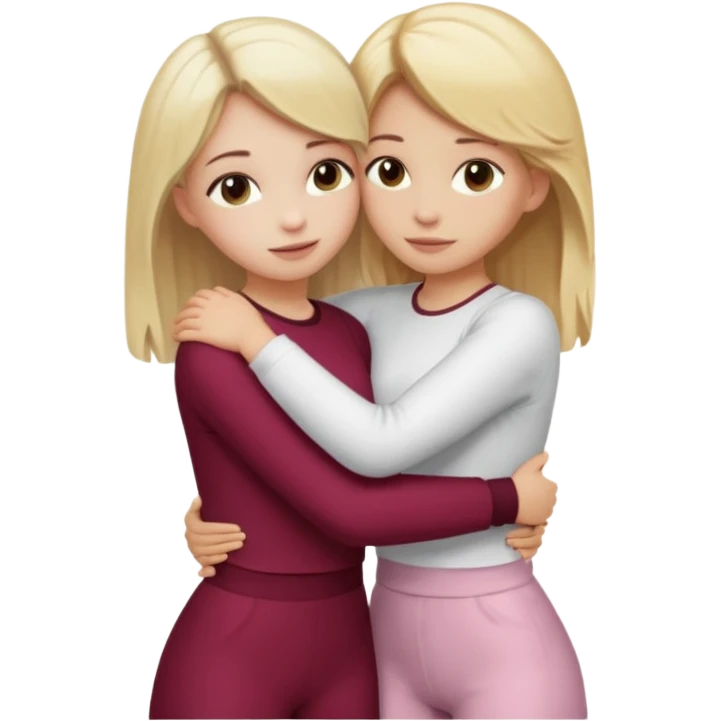 two girls who hug eachother. one has medium blonde hair with blonde highlights and very pale skin , other has medium skintone and blush and blonde hair. girl with medium blonde hair is wearing a white outfit and girl with blonde hair is wearing a burgundy outfit emoji