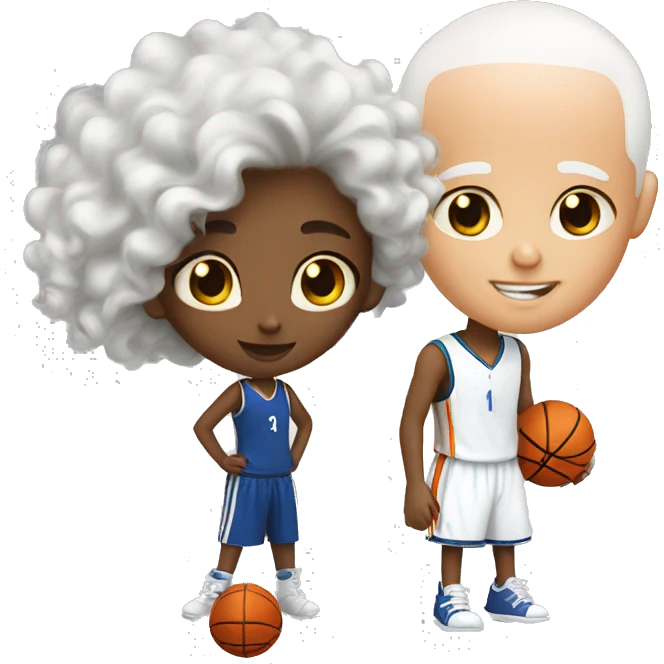 A girl with curly hair playing basketball with a white bald man emoji