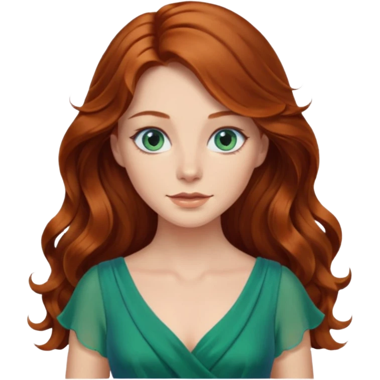 Long wavy Auburn hair woman blue eyes wearing green dress emoji