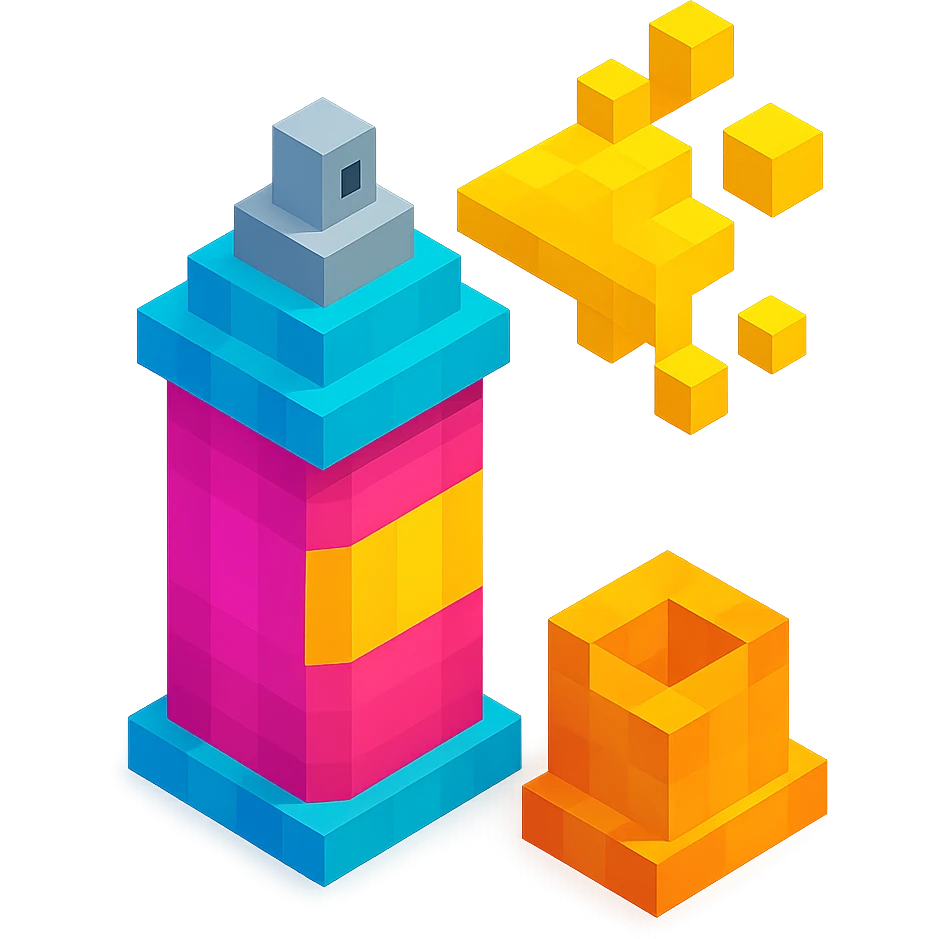 voxel style spray paint can with gold paint, cap off, isometric view emoji