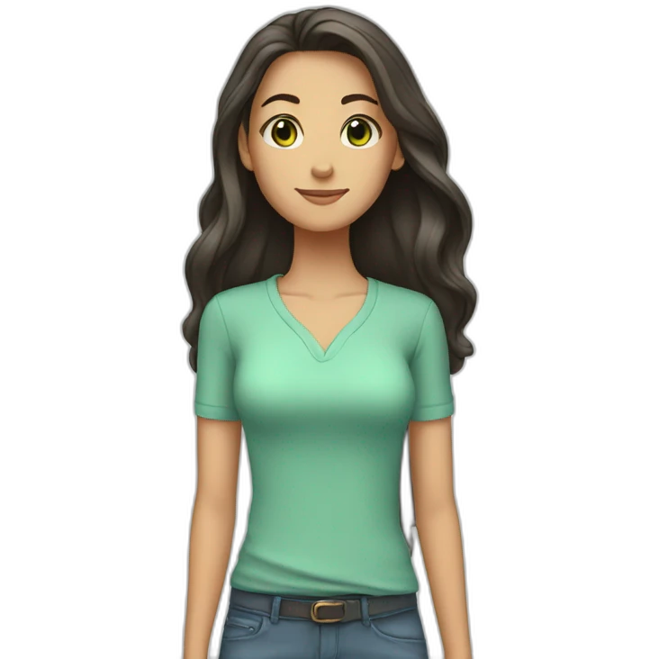 tall girl with dark long hair, green eyes, light blue shirt emoji