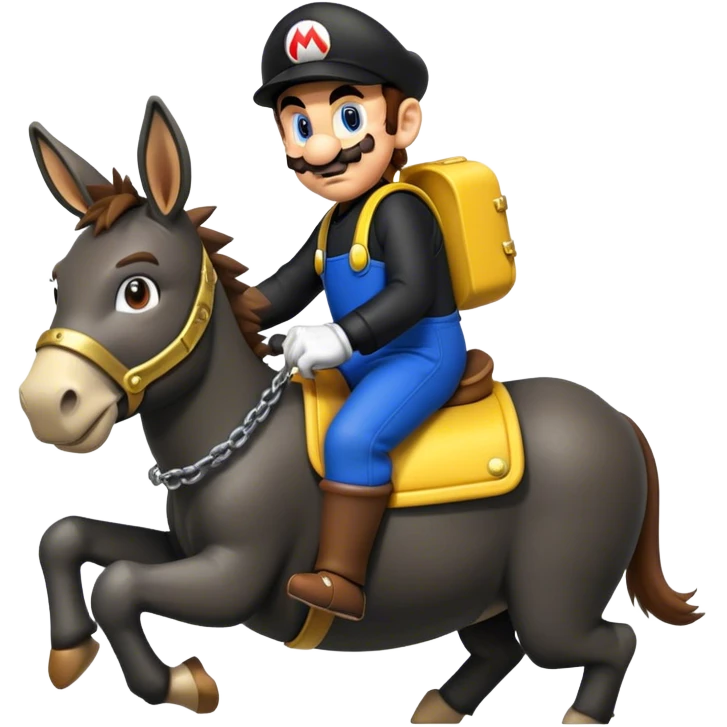 Super mario riding on a donkey wearing black mechanic clothes with yellow details  emoji