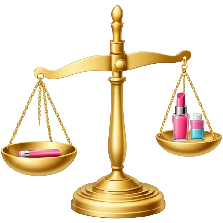 gold scale with dollars on one side and beauty products like lipstick, perfume, makeup on the other emoji