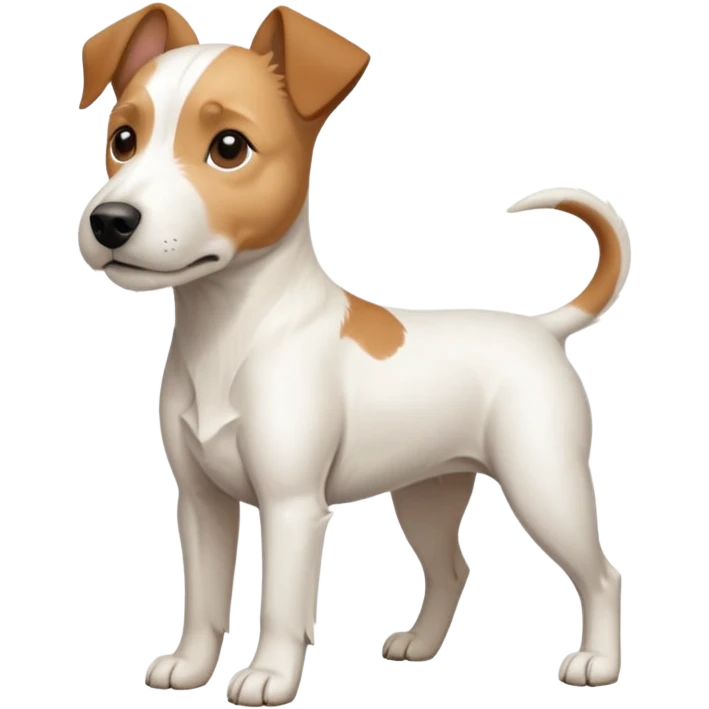 a full body facing front on of a buff white parson russell terrier looking dog the size of a kelpie with light brown long ears resting on its face and a light brown patch above one eye and a large snout. the rest of the dog is completely white.  emoji