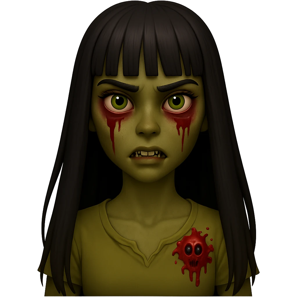 Make the zombie girl have longer hair and greenish brown skin, keep black hair with bangs, no background. The style should resemble the original image's look. emoji