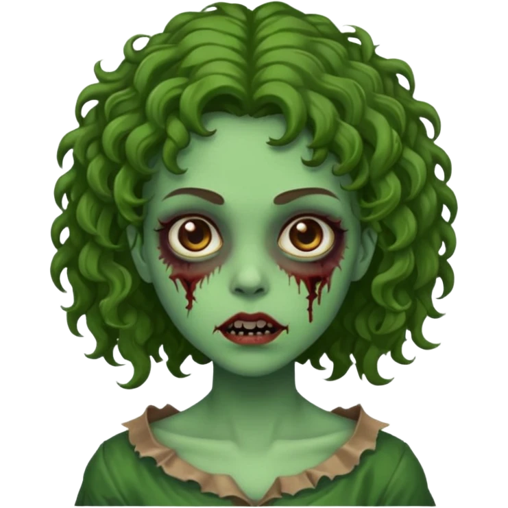 faça uma garota zombie, com a pele verde, cabelo castanho cacheado abaixo do ombro linda emoji